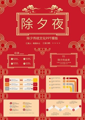 红色精美创意中国风除夕传统习俗文化介绍PPT模板