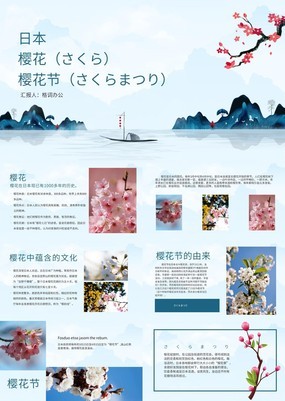 浅蓝色唯美清新浪漫日本樱花节策划PPT模板